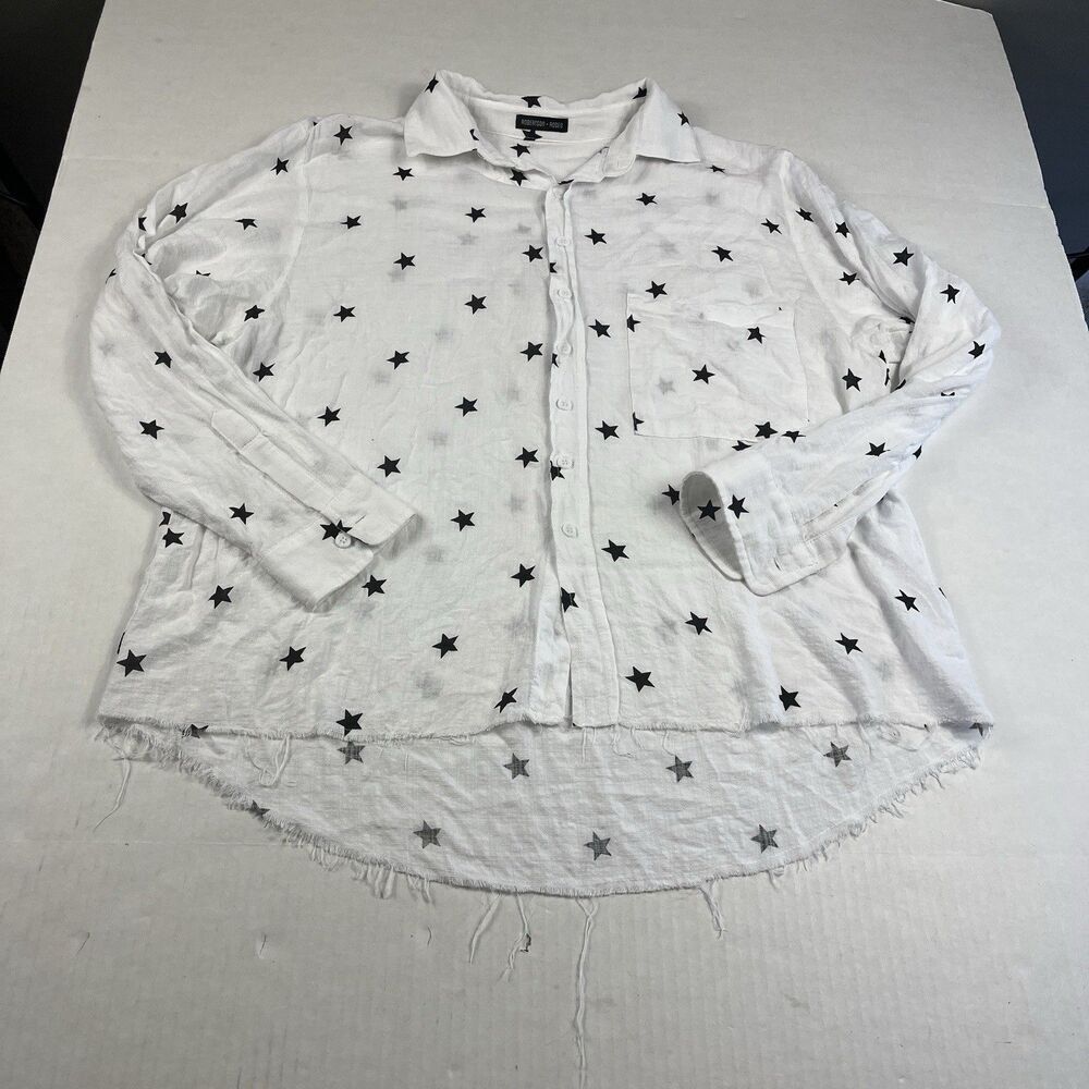 Robertson Rodeo Womens White Button Shirt Raw Hem Star Print Long Sleeve Large